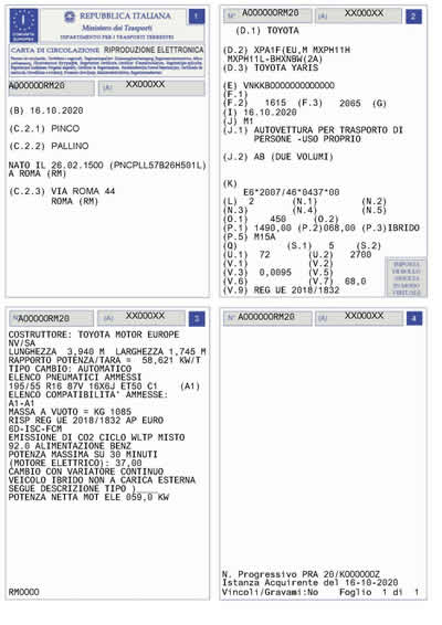 Esempio di libretto di circolazione auto